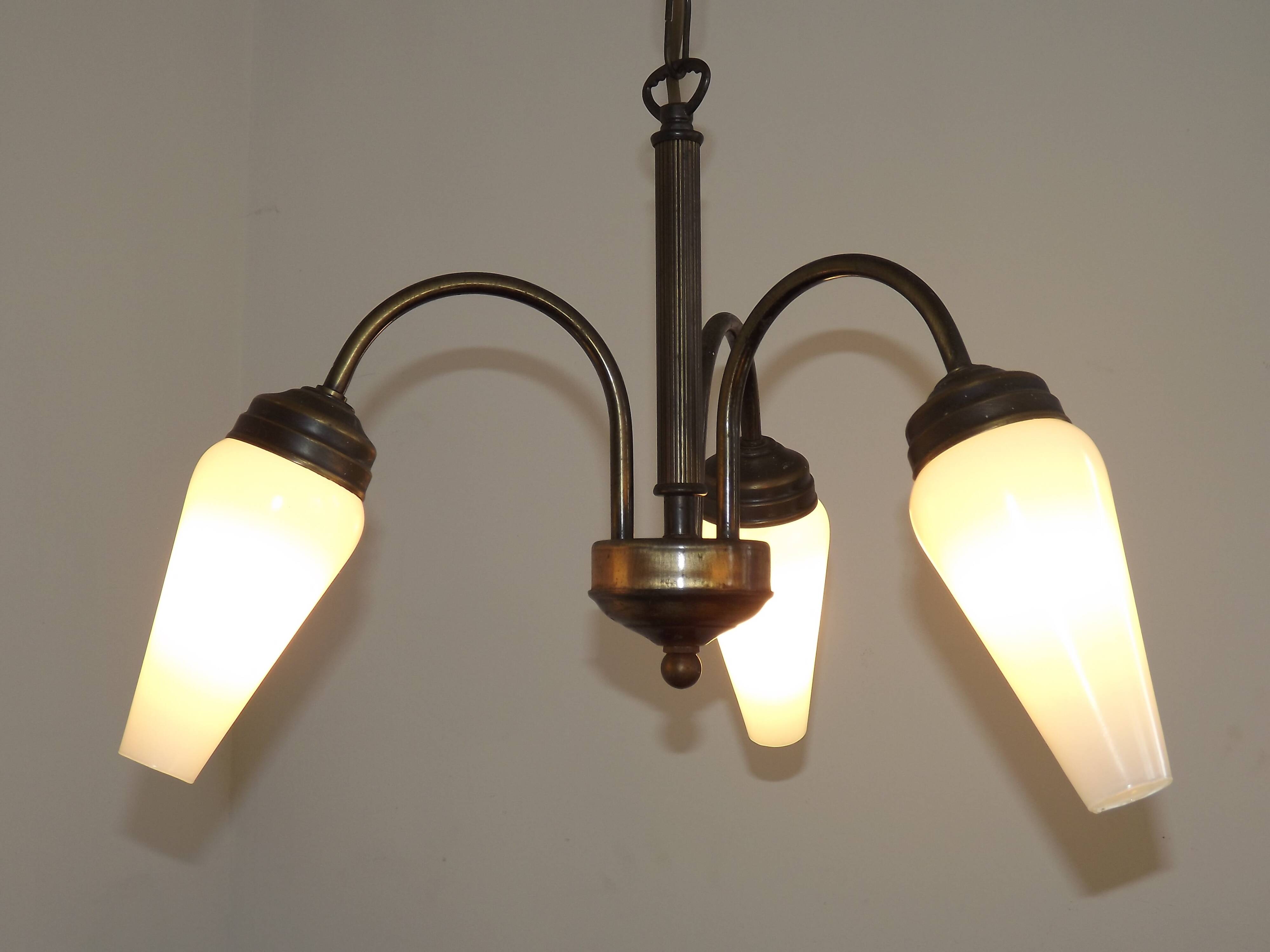 French Vintage Retro Bronze Effect Metal 3 Light Chandelier Glass Shade