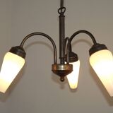 French Vintage Retro Bronze Effect Metal 3 Light Chandelier Glass Shade
