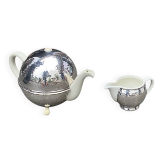 Théière wmf art déco et son pot à lait assorti- porcelaine et métal argenté