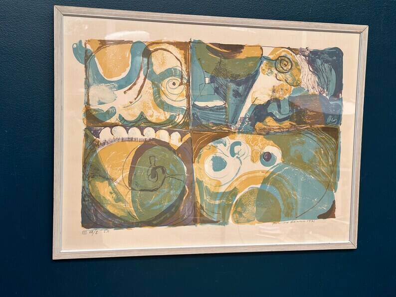 Large Original Swedish Graphic Sheet – "Composition" by Thormod Larsen – 1971 – Vintage and Framed – 79 × 59 cm (31.1" × 23.2")