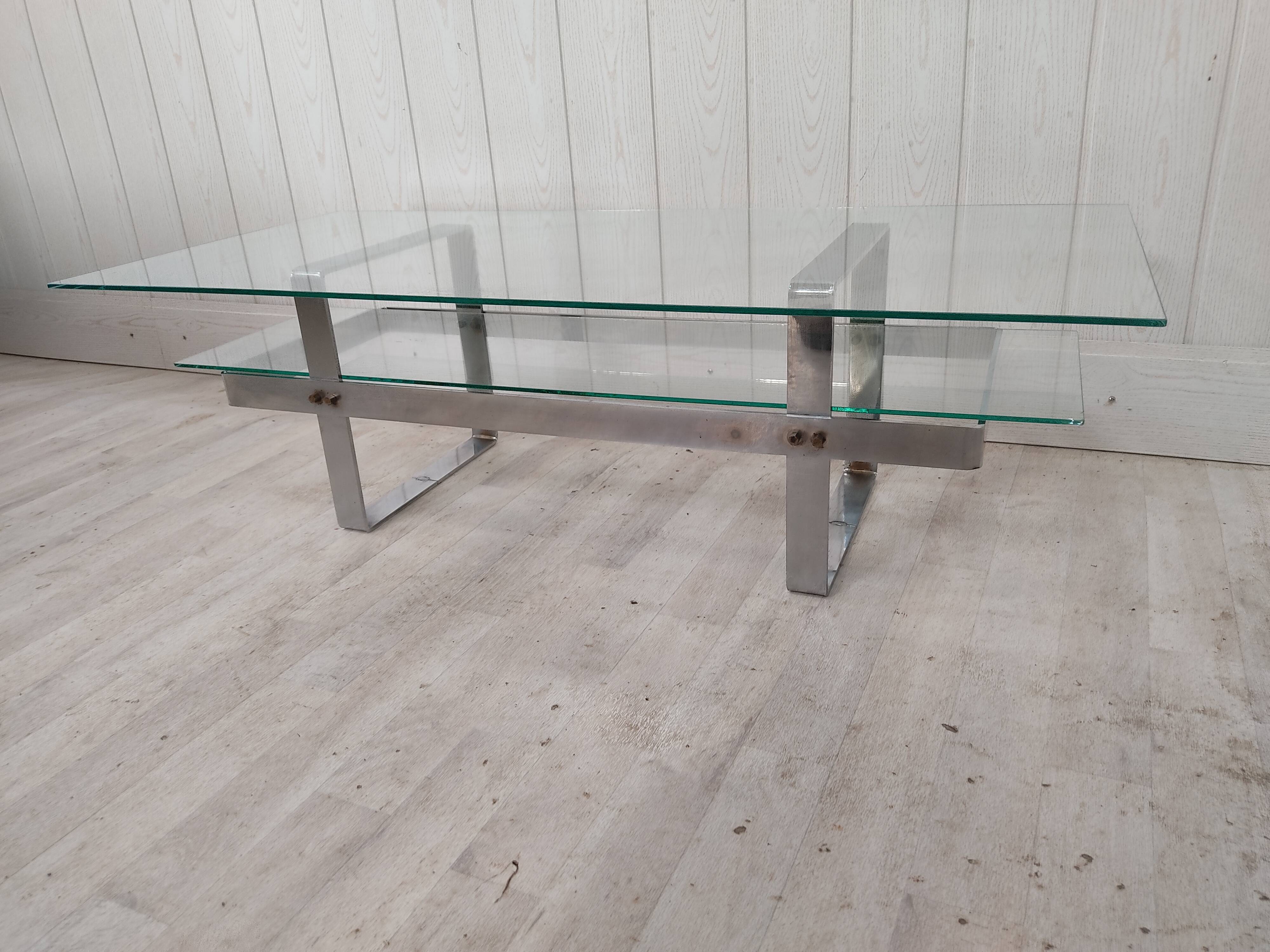 Table basse vintage acier chromé et verre