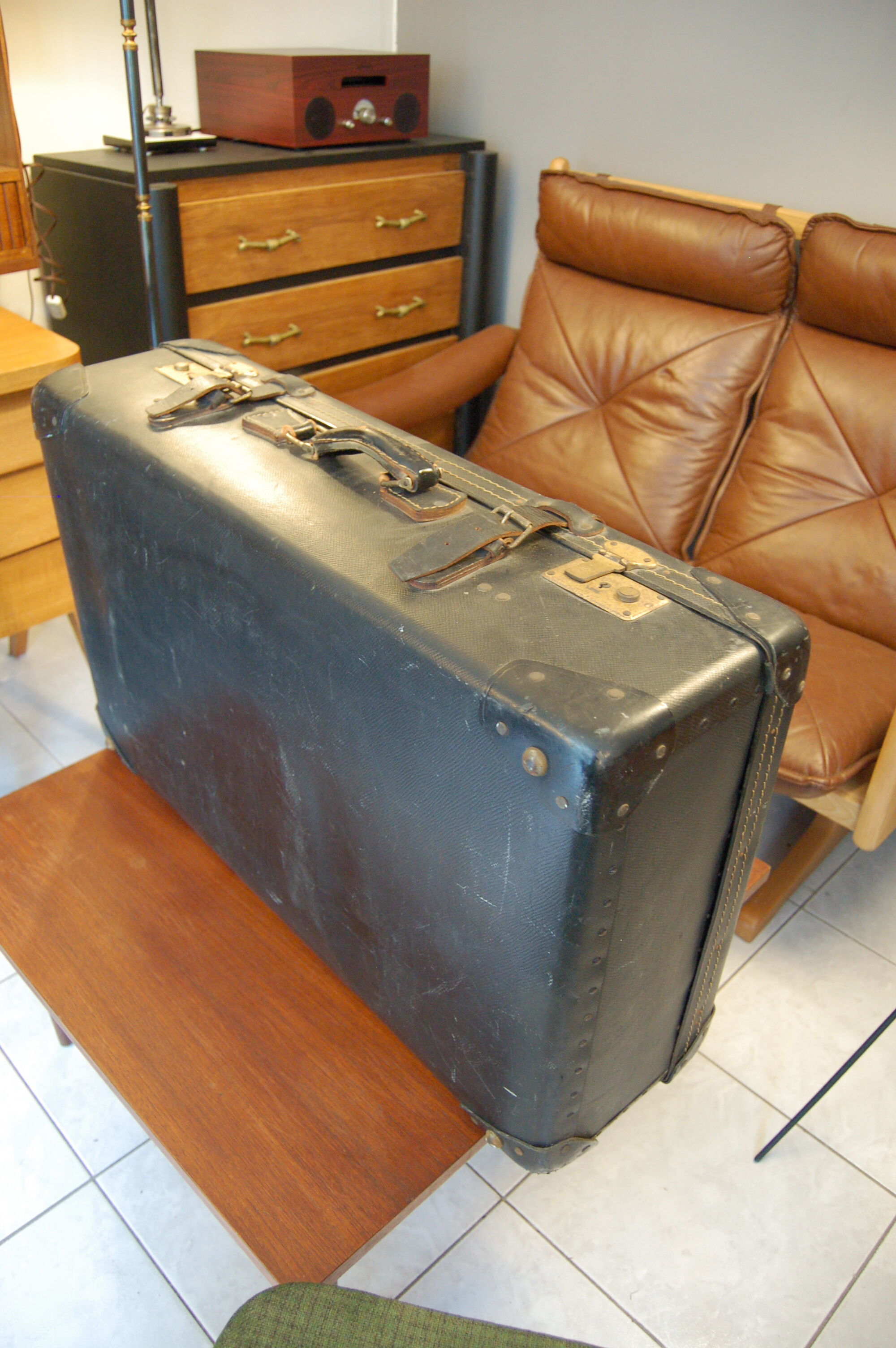 60s black vintage suitcase leather boiled cardboard