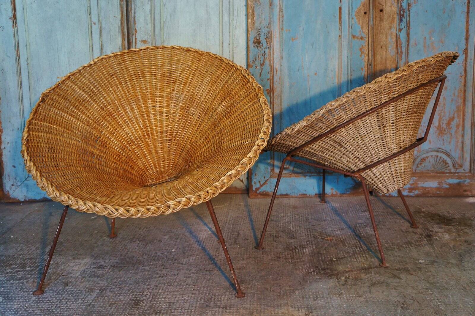 Mid-Century Italian Sunflower Wicker Chairs, Set of 2