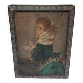 Miniature cardboard box painted young woman on balcony 1900