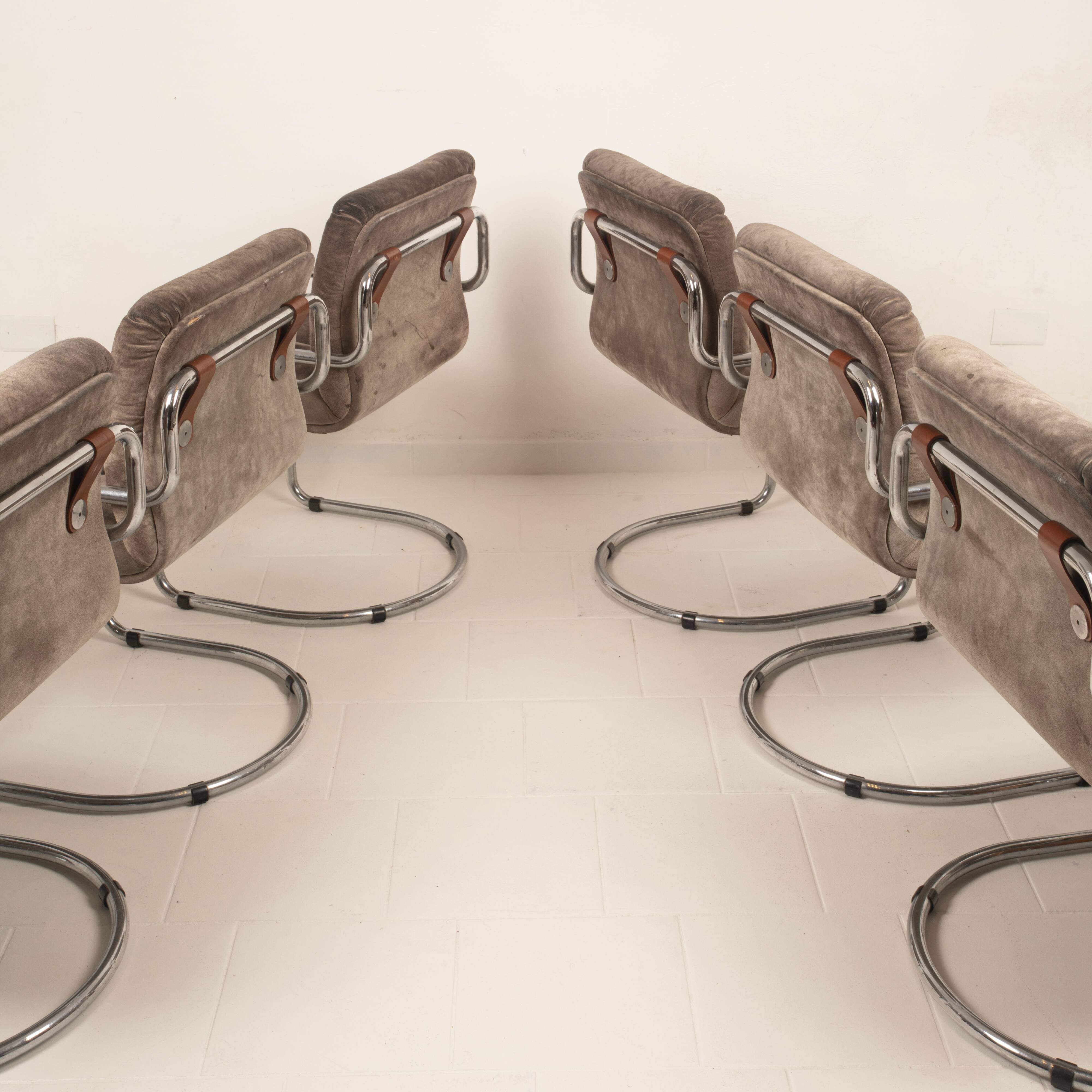 Guido Faleschini Italian Astro Chrome and Taupe Suede Armchairs for i4 Mariani