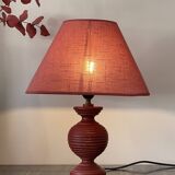 Pretty Turned Wood Lamp, Raspberry Red Color, Linen Lampshade