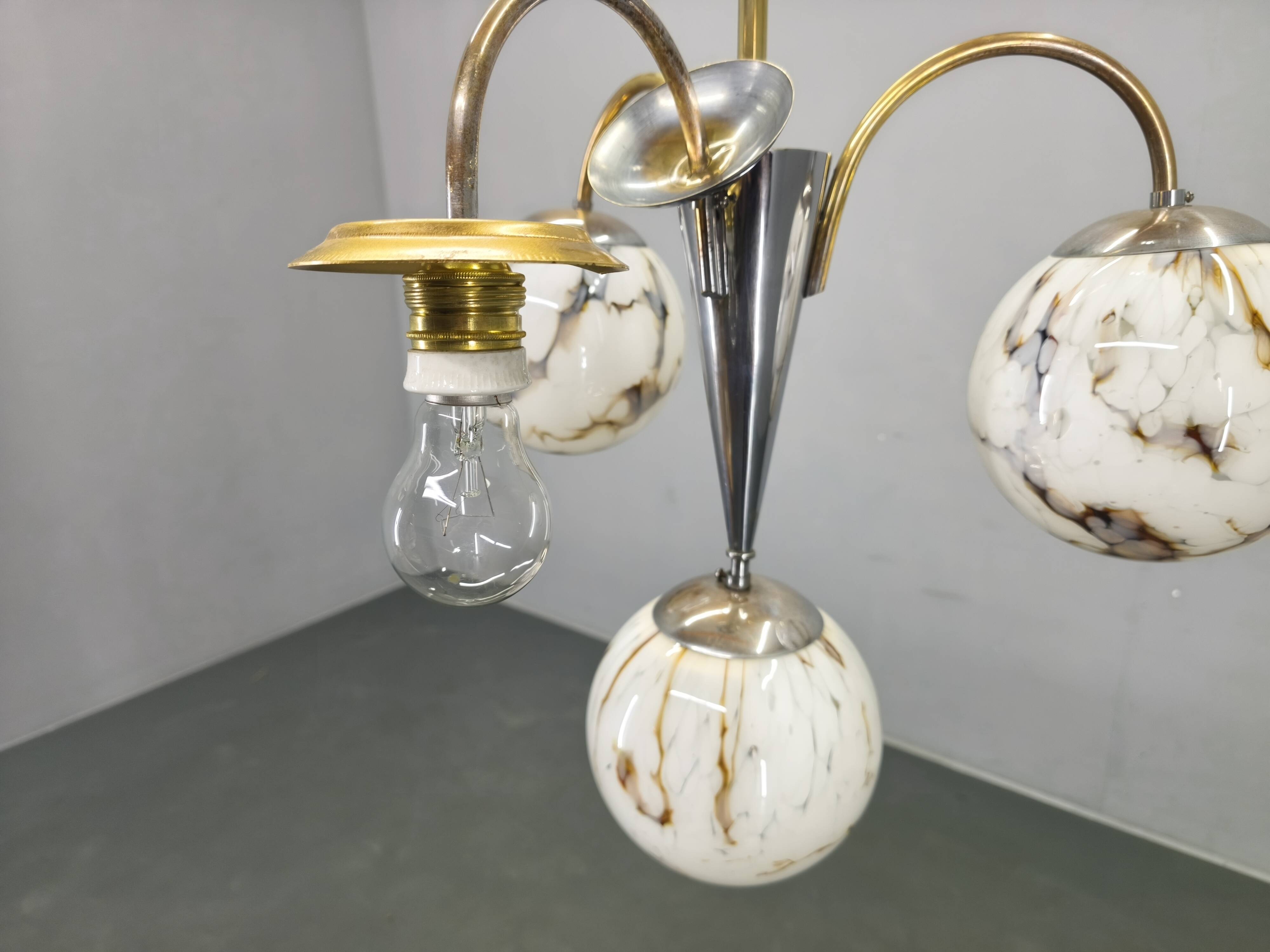 Art Deco Chandelier, Marble Glass, Brass & Chrome, 1930s