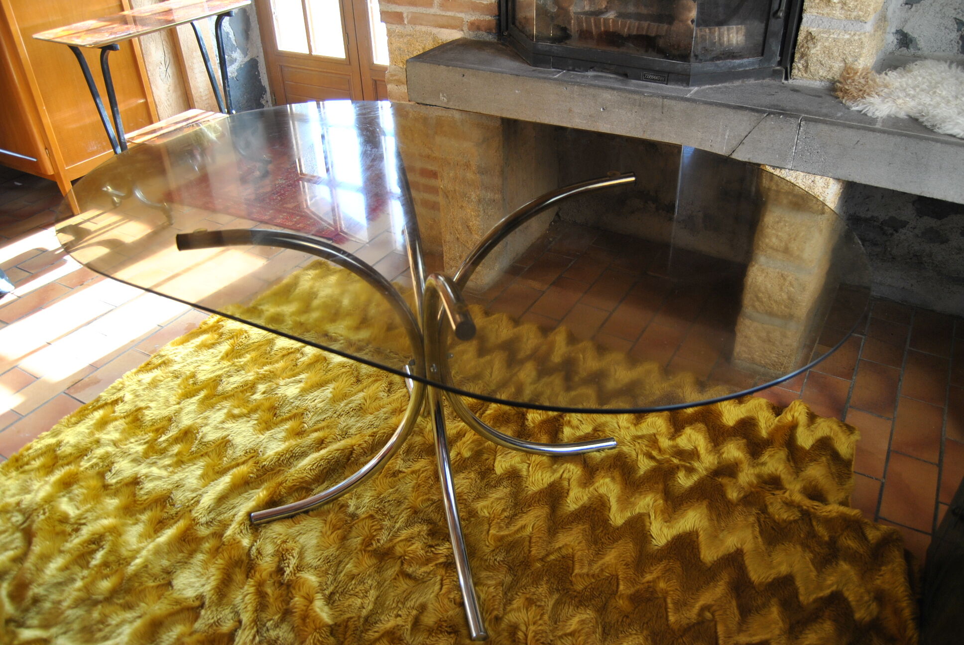 Dining table stainless steel legs and tempered glass top 70s