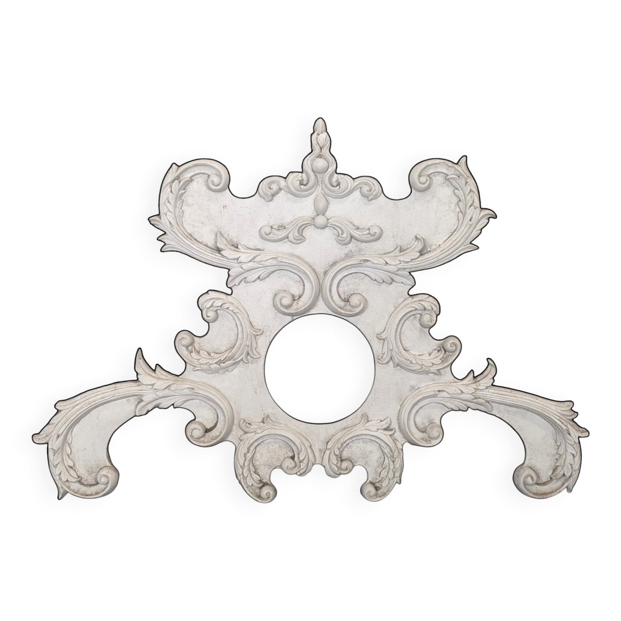 Large rococo fronton in stucco and carved wood, patinated white with an oculus.