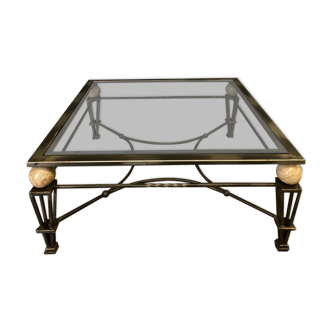 Table 1980 ornamented with 4 balls in marble metal raw glass top