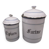 2 antique spice pots in enamelled sheet metal