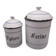 2 antique spice pots in enamelled sheet metal