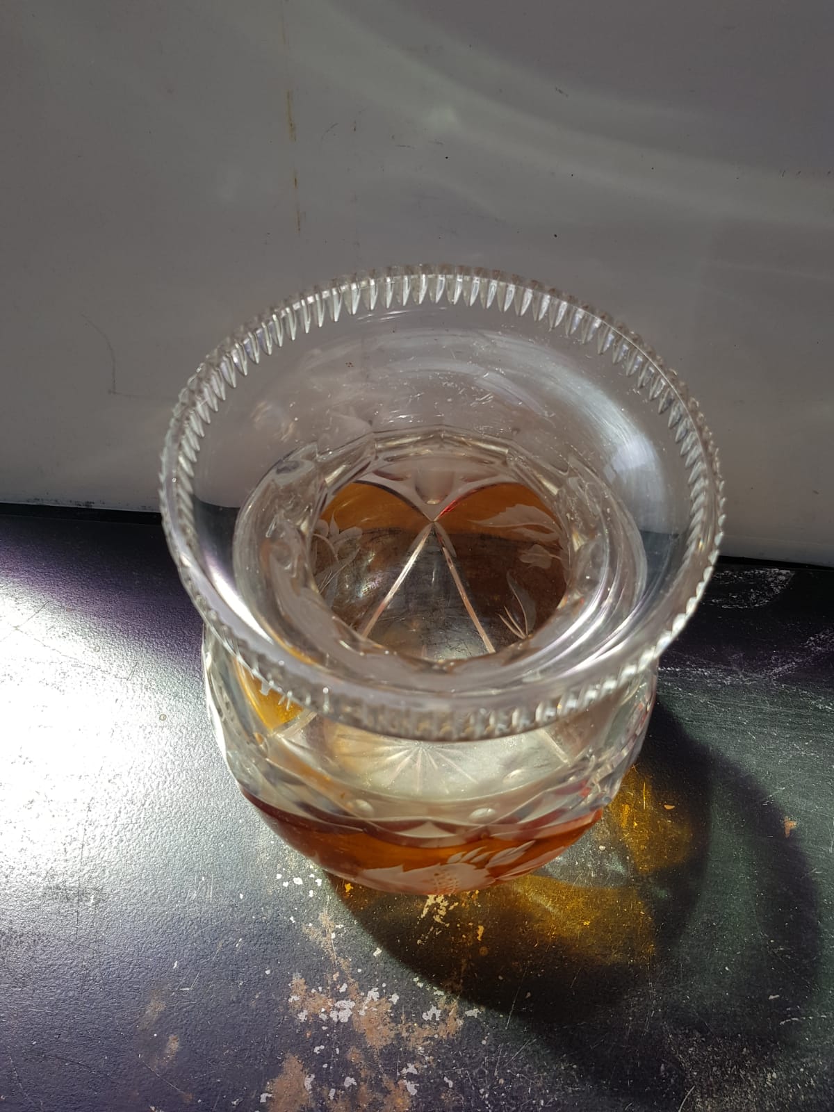 Old Transparent & Orange Cut Crystal Vase Vintage Flower Decor