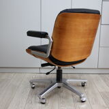Vintage swivel office armchair in black leather and wood by Giroflex 60s