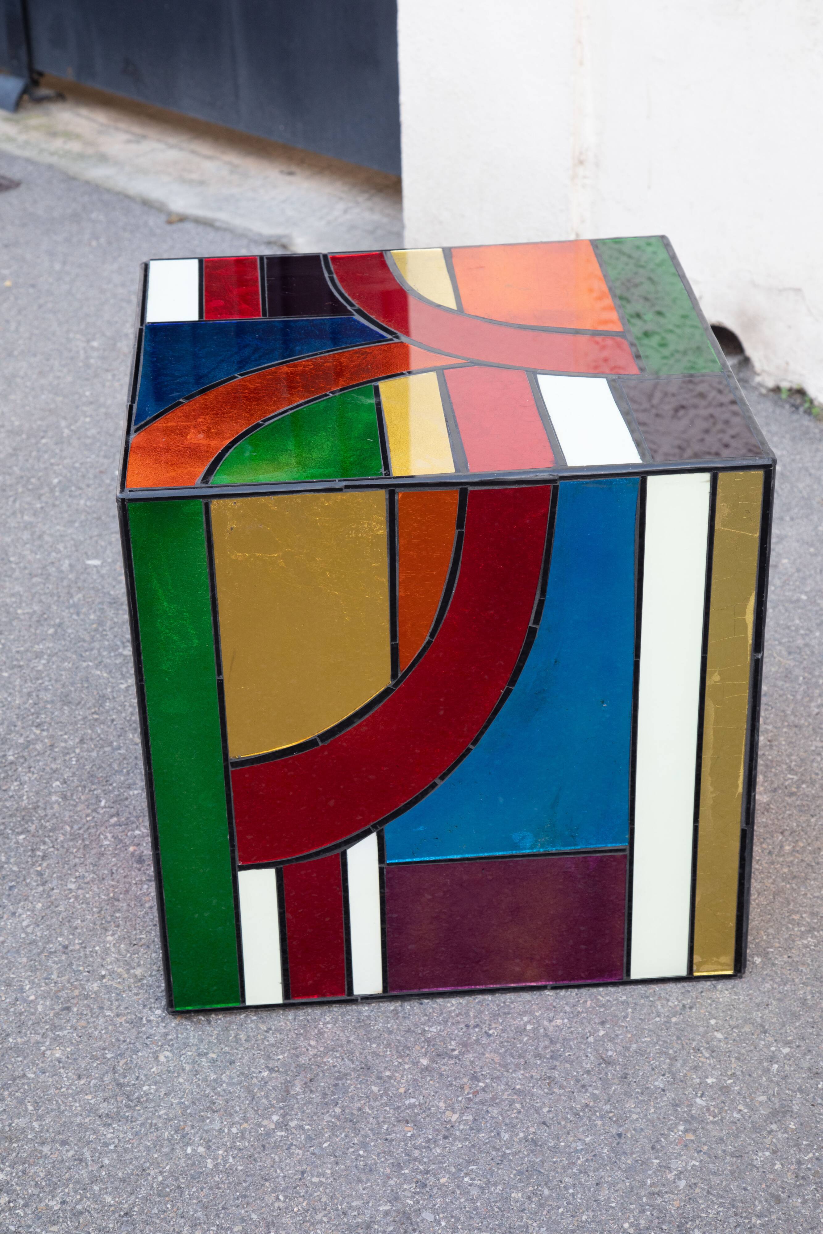 Multicolored stained glass Cube side table 50*50