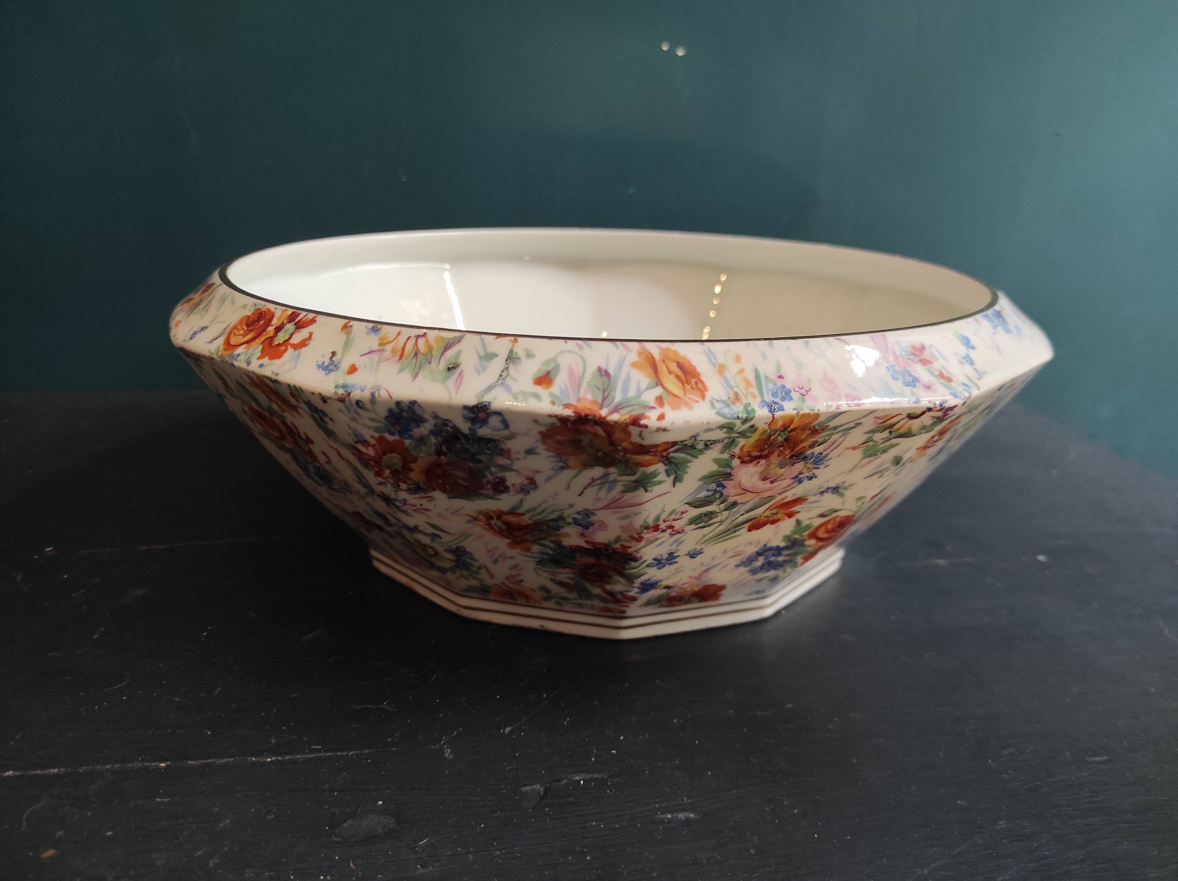 Vintage French large serving bowl from Le Tallec, Limoges, with colourful floral decoration