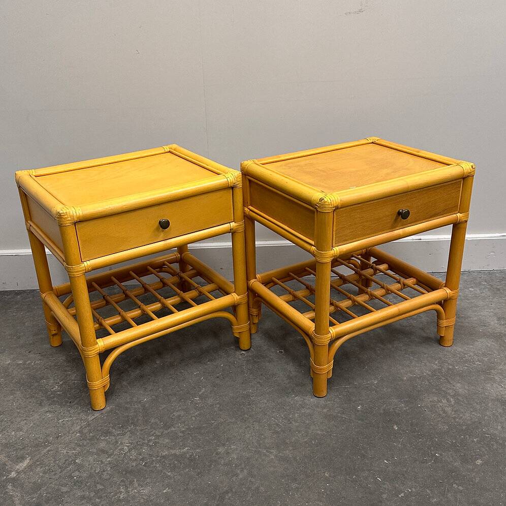 Pair of vintage bamboo & wood nightstands with drawer, 1970s