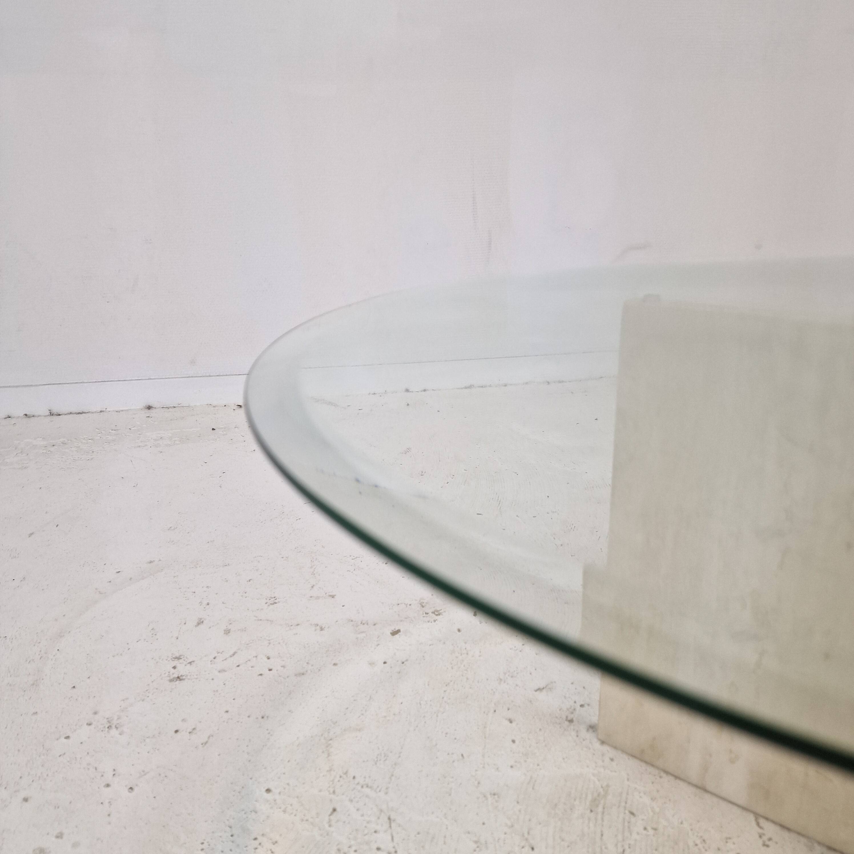 Italian Coffee Table in Travertine and Facet Cut Glass, 1980s