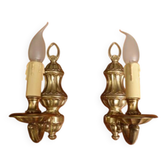 Set of 2 wall lights in genuine solid gilded bronze