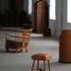 Turned wooden stool with leather seat, mid-20th century, Danish modern.
