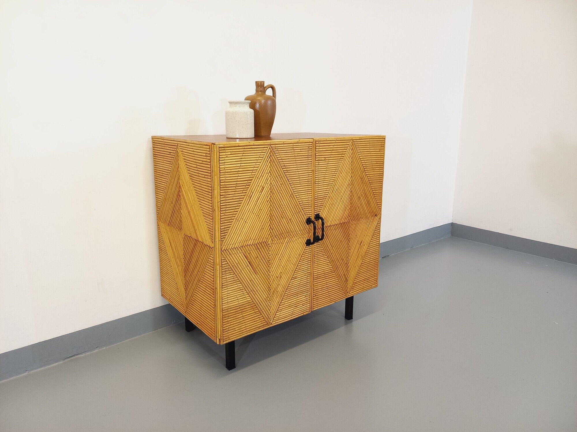 Vintage rattan, wood and metal storage cabinet from the 60s