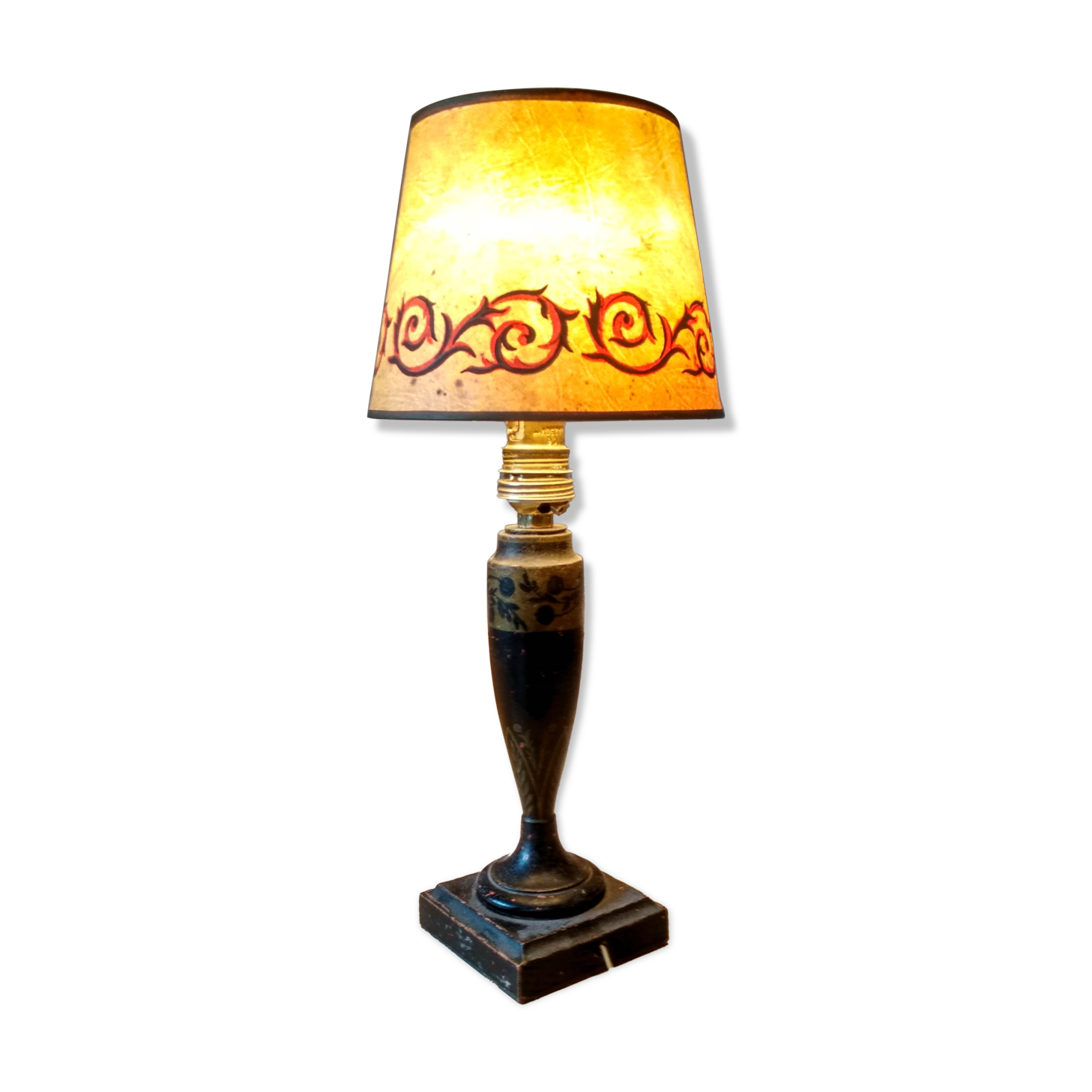 Turned wooden bedside lamp painted art deco style
