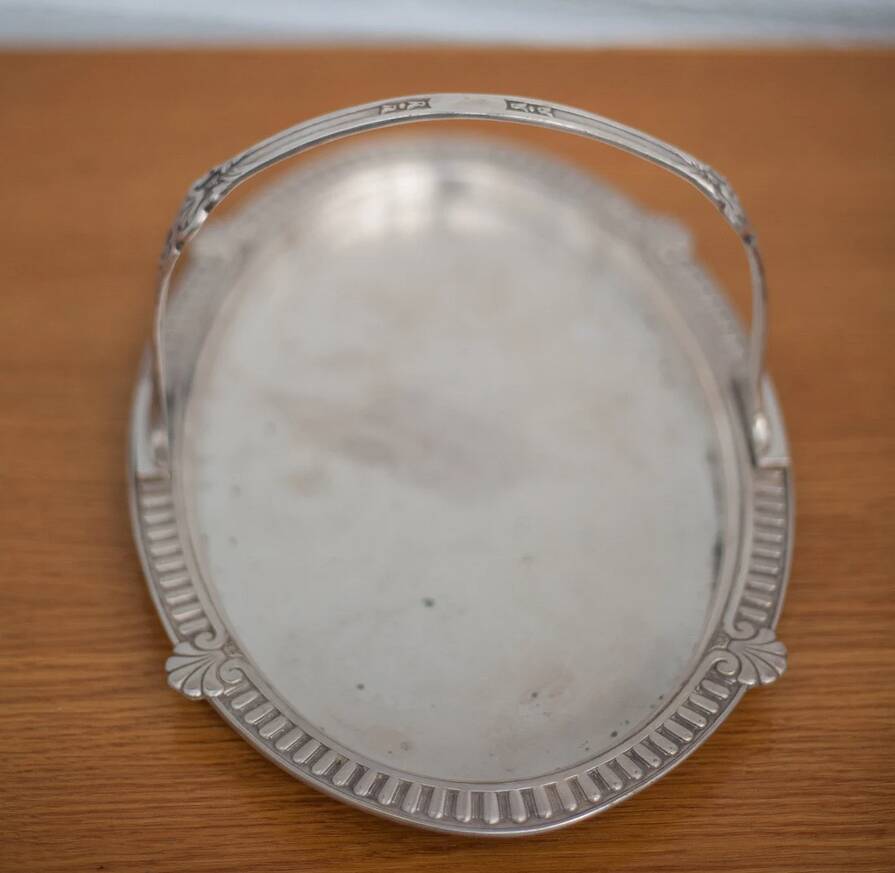 Silver metal dish with handle Hallmark Gallia Christofle shell pattern, centerpiece, tray