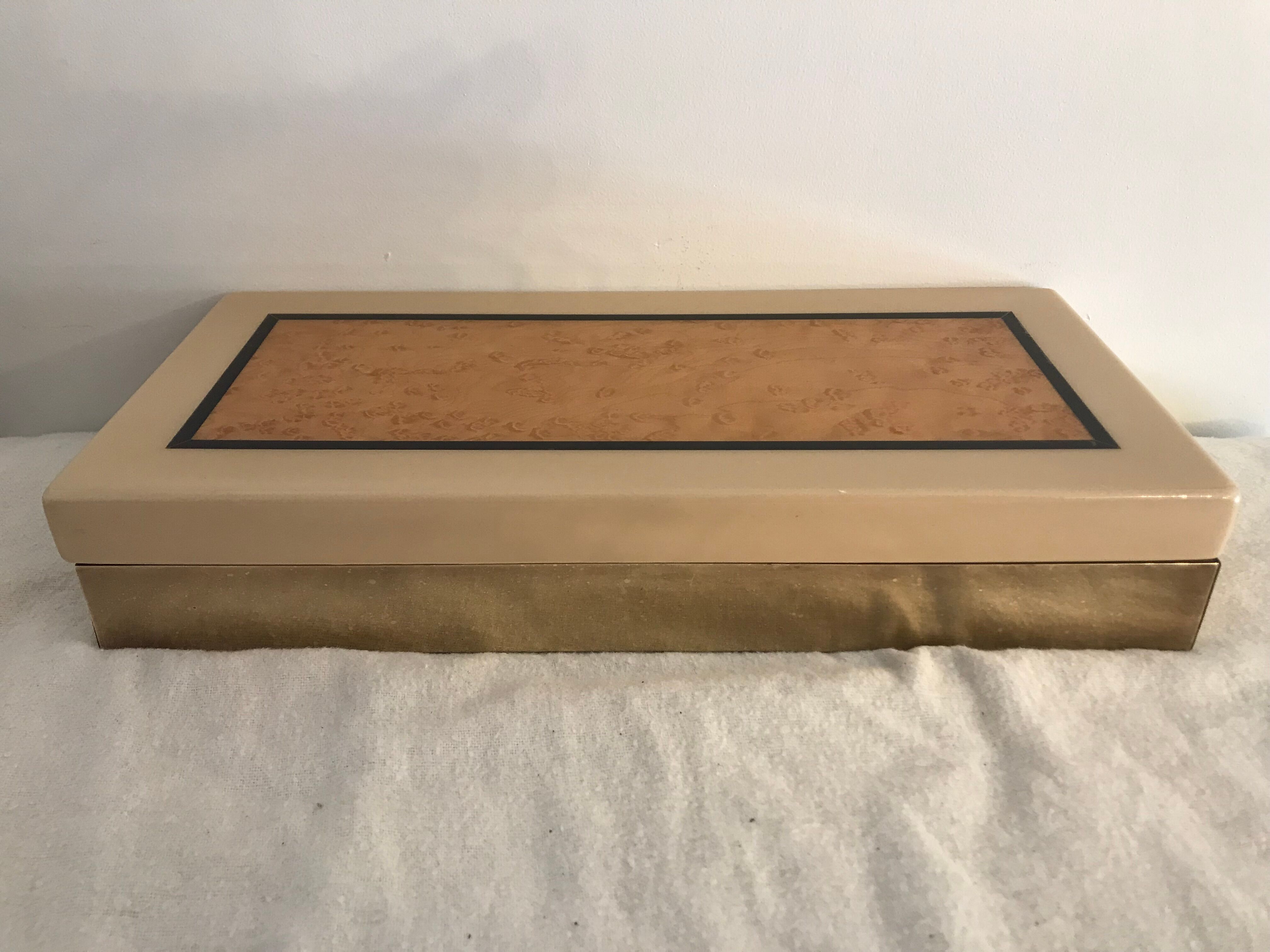 Rectangular mother-of-pearl and brass storage box 1970