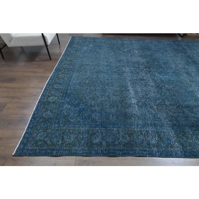 1970s Vintage Persian Handmade Wool Cotton Blue Area Rug 277x360