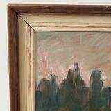 Peinture à l’huile de paysage vintage suédoise « Récolte d’automne » moderne du milieu du siècle, encadrée