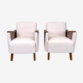 Mid-Century modern pair of Italian wood, rattan and pink velvet armchairs