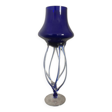 Ancien Vase Coupe Méduse Bleu Cobalt Jozefina Krosno Octopus Verre Soufflé