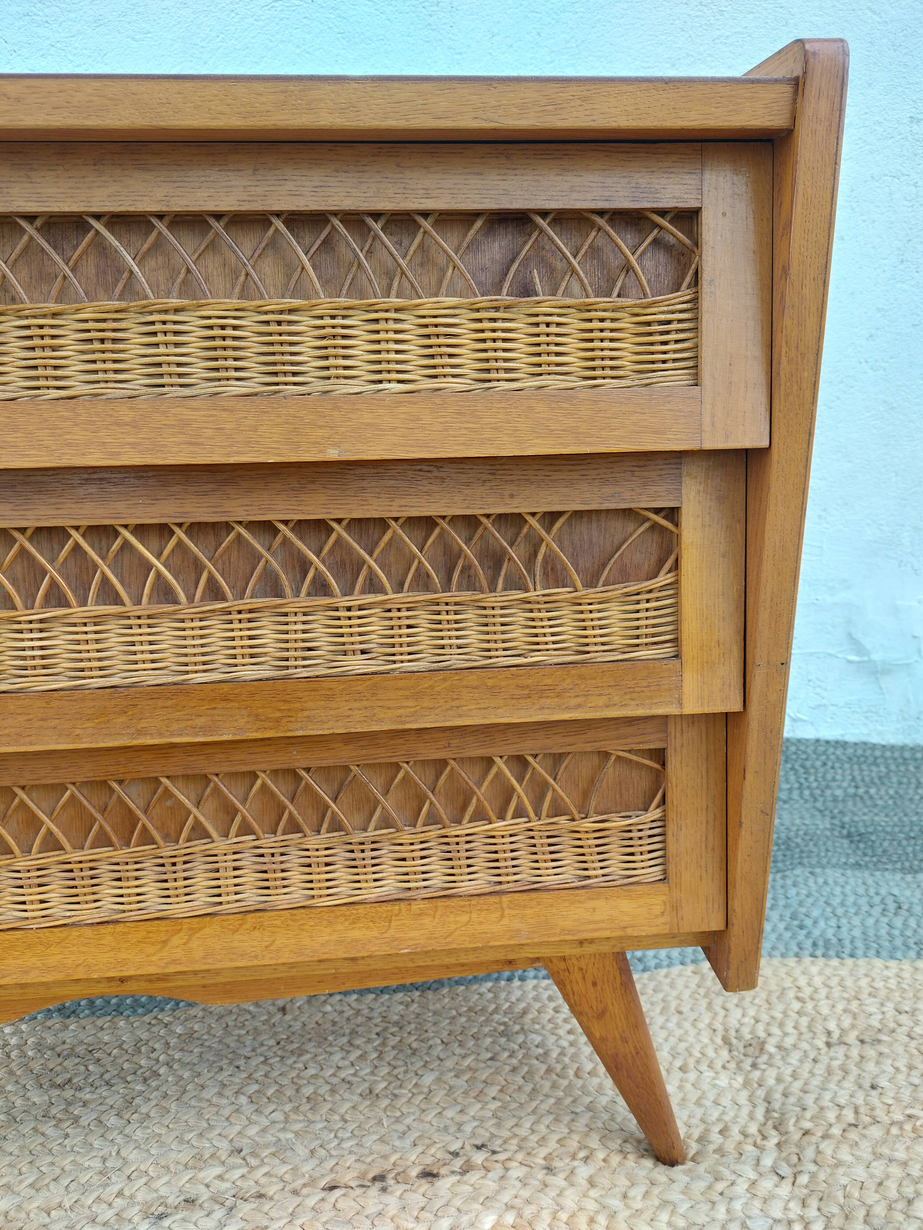 commode pieds compas, osier, vintage