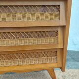 commode pieds compas, osier, vintage