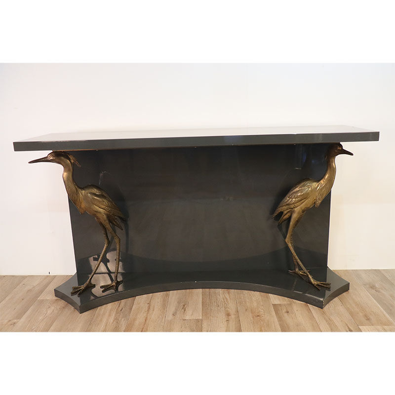 Vintage lacquered wooden console decorated with brass herons 1970