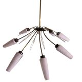 Lustre vintage 8 feux en laiton et verre opalin strié