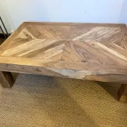 Large coffee table made of solid sheesham wood, with a diamond point marquetry top.