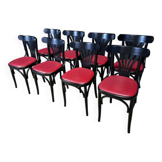 Set of 8 bistro chairs with black palm leaves and red skai France