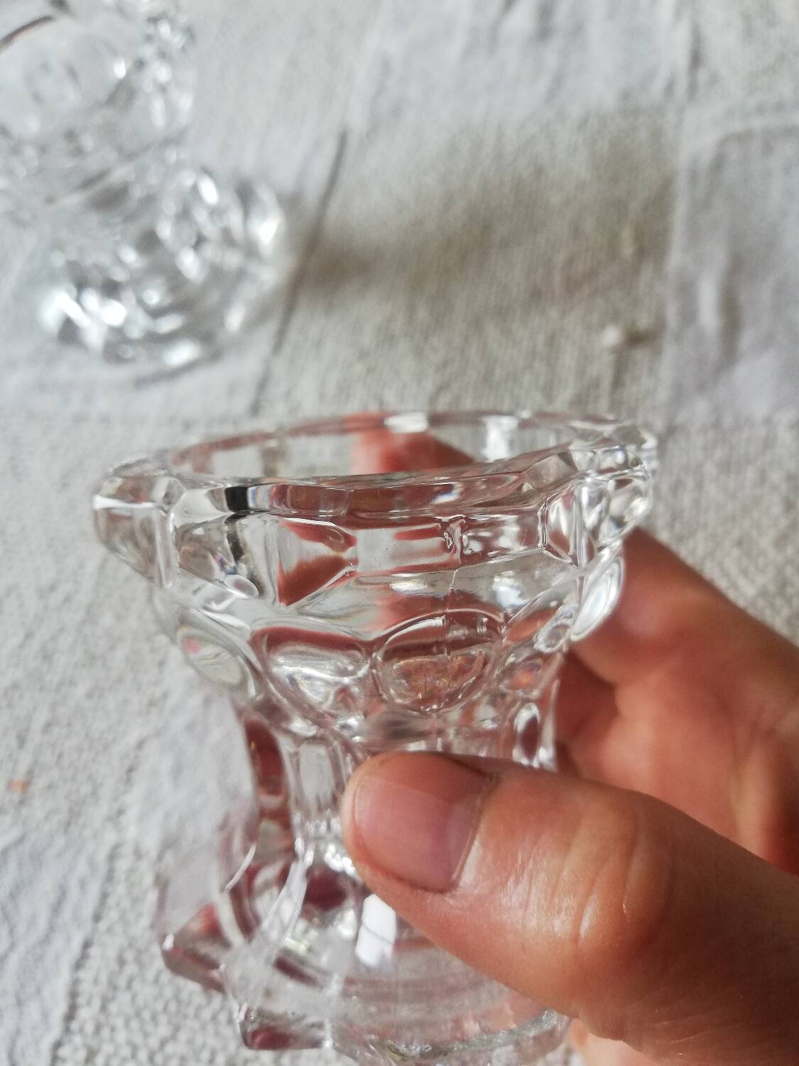 Set of two vintage glass candlesticks, transparent, France, Reims.