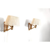 Pair of pine accordion sconces with cotton rope lampshade.