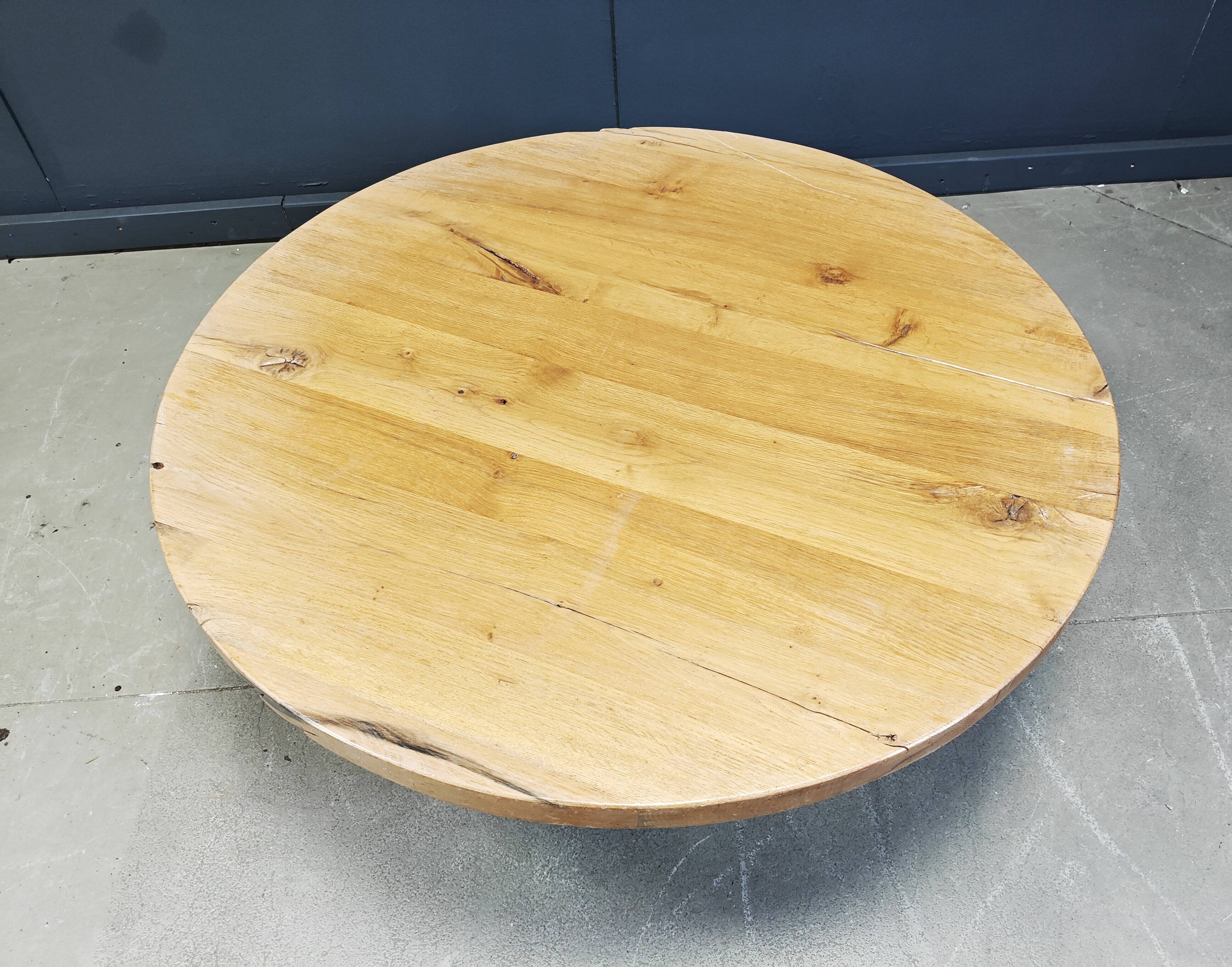 Large tripod round wooden brutalist coffee table, 1960s