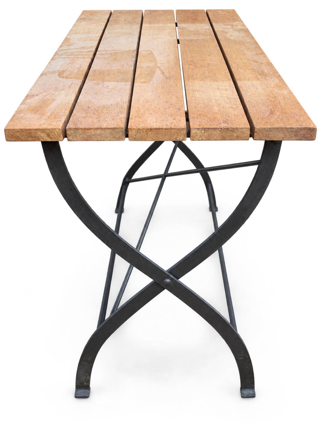 Vintage folding table in wood and black metal – slatted top