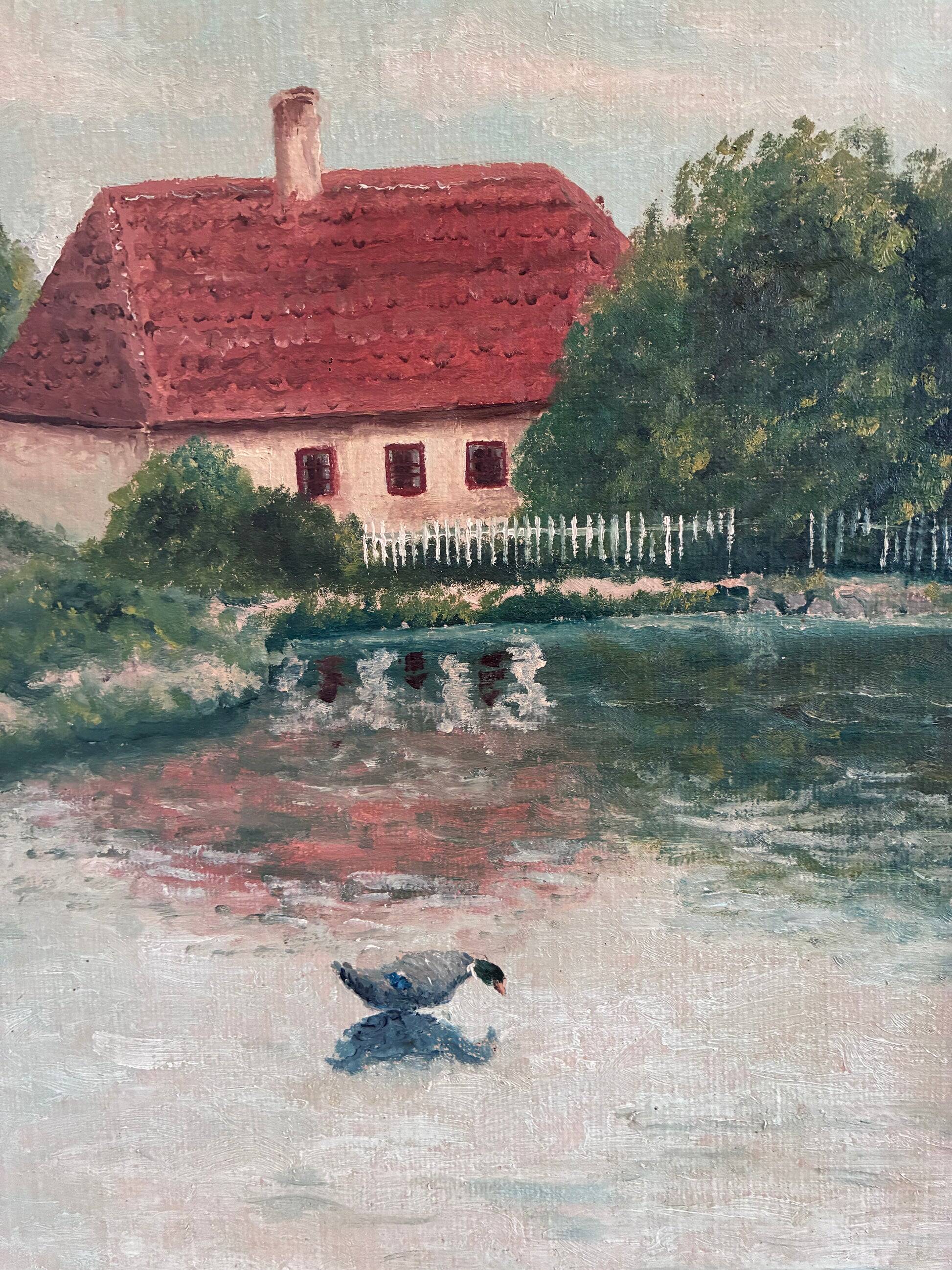 Vintage original landscape oil painting, signed farmhouse art