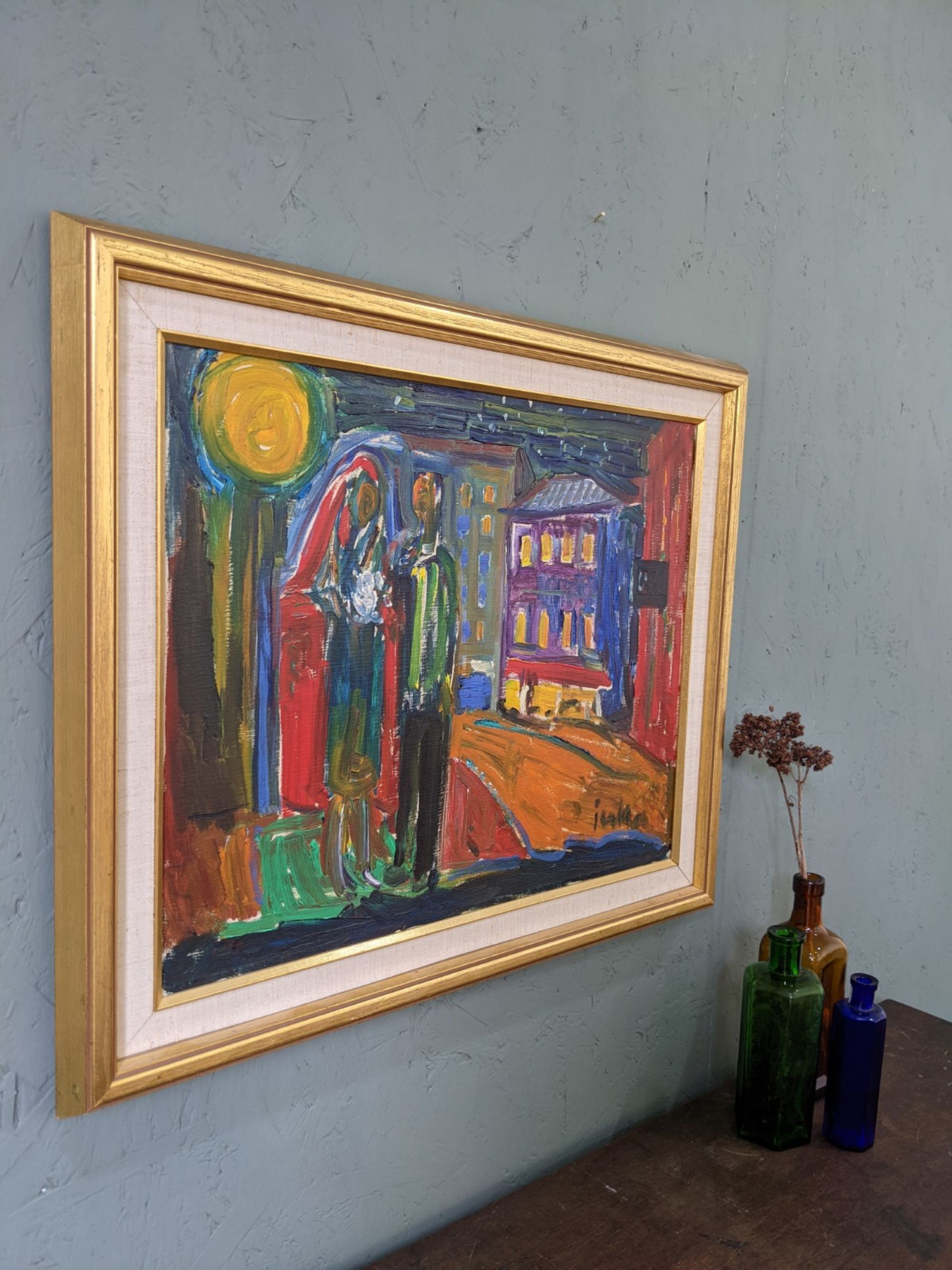 Mid-Century Modern Swedish "Just Married" Vintage Street Scene, Framed Oil Painting