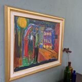 Mid-Century Modern Swedish "Just Married" Vintage Street Scene, Framed Oil Painting
