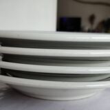 3 Pillivuyt white porcelain dinner plates with blue edging.