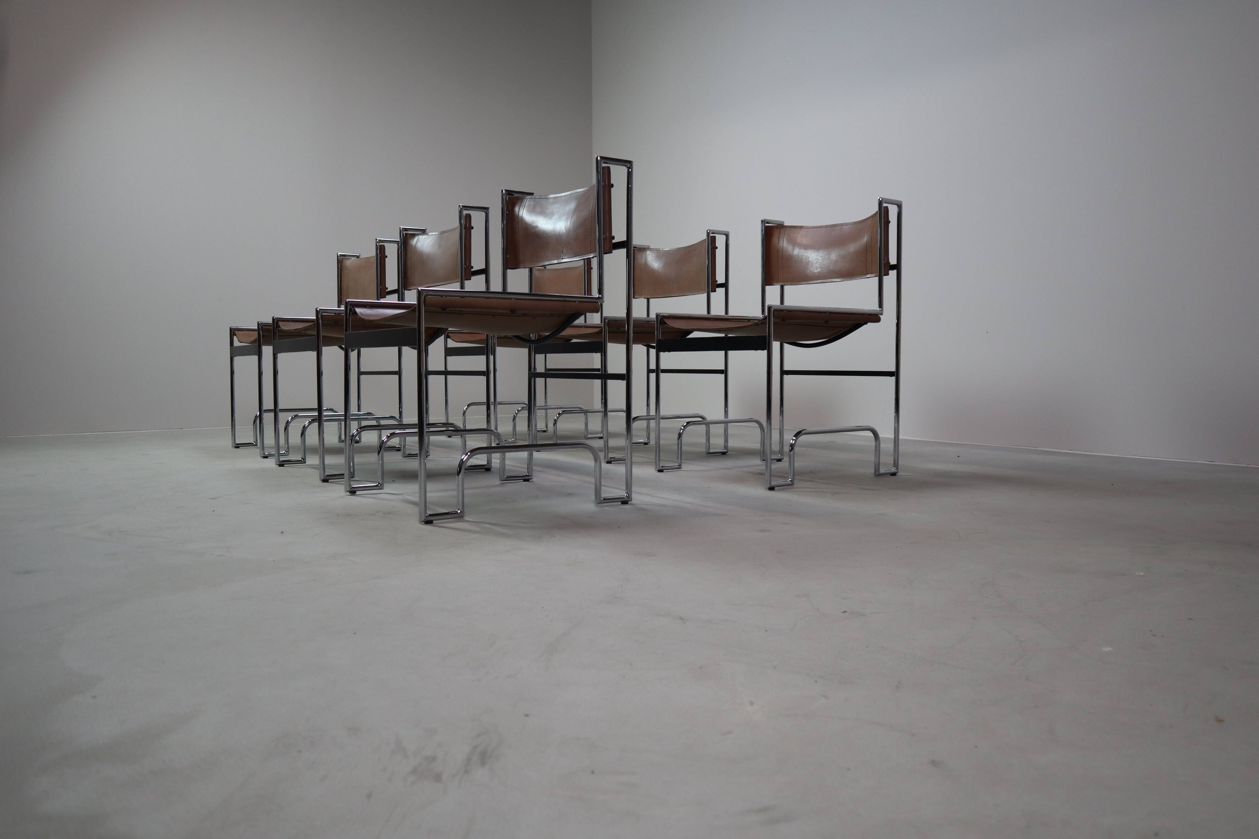 Set of 6 modernist chrome and leather dining chairs, 1970's
