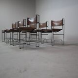 Set of 6 modernist chrome and leather dining chairs, 1970's