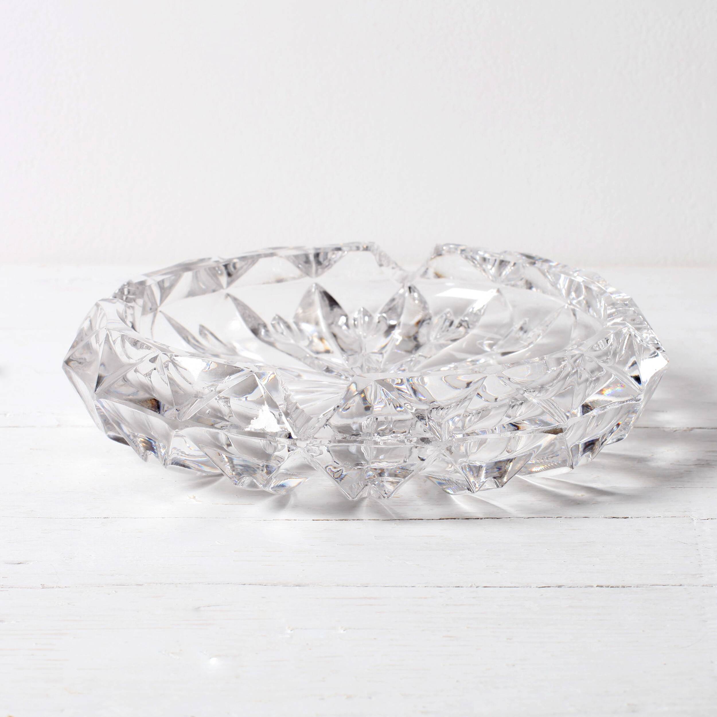 Vintage Heavy Cut Glass Ashtray, Large Round Mid-Century Accessory