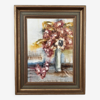 Huile sur panneau XXe nature morte bouquet de fleurs par Mazen